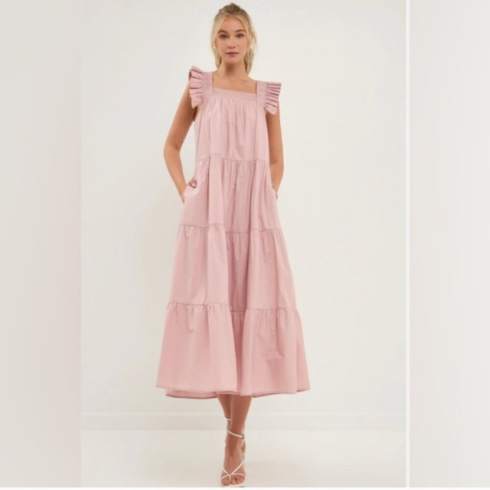 ENGLISH FACTORY Tiered Ruffle Midi Dress in Dusty Pink Size XS - Picture 1 of 16